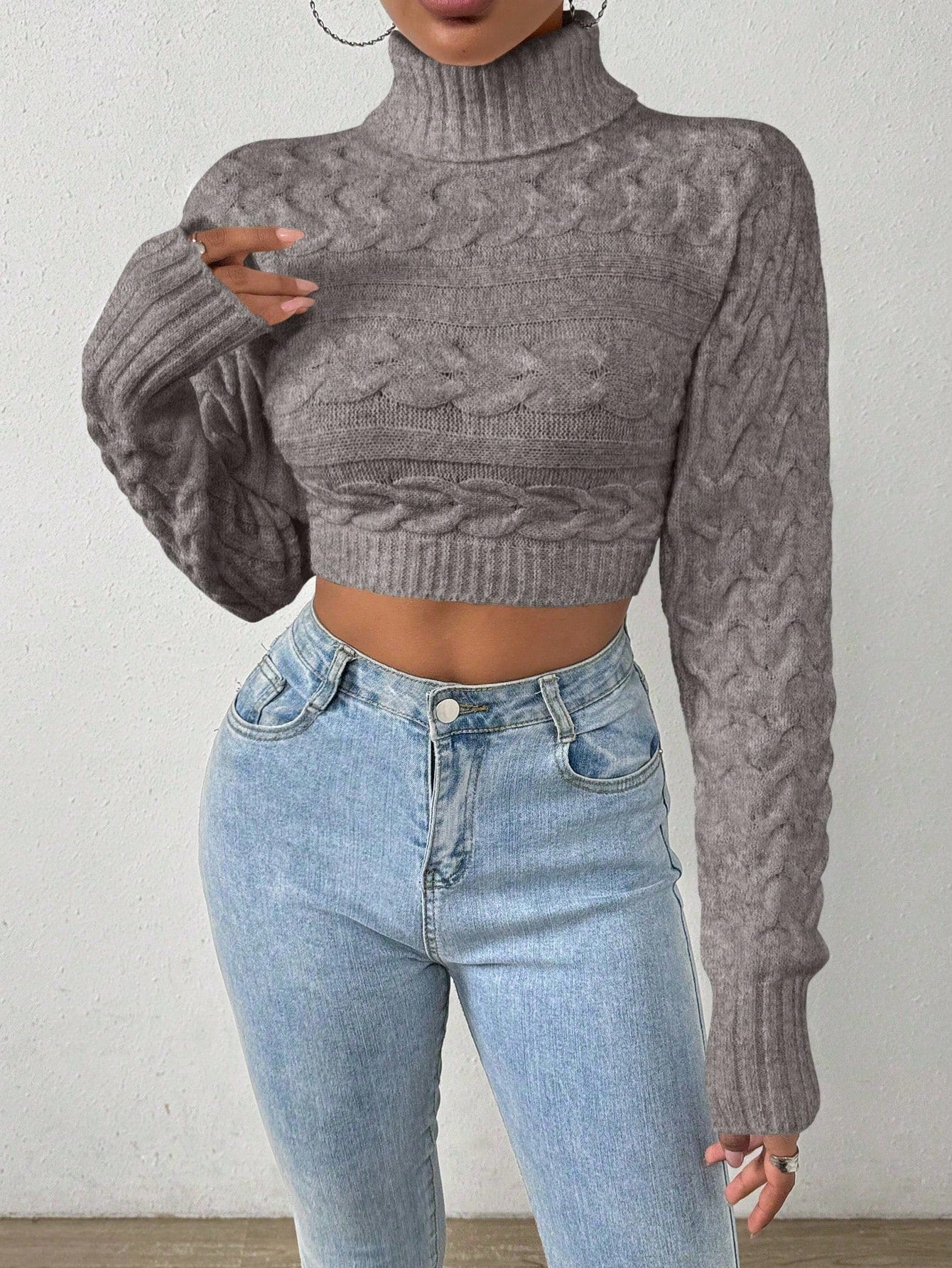 Glyssa Suéter Cropped de Gola Alta Feminino, Blusas de Manga Longa Tricô Pulôver Outono Inverno