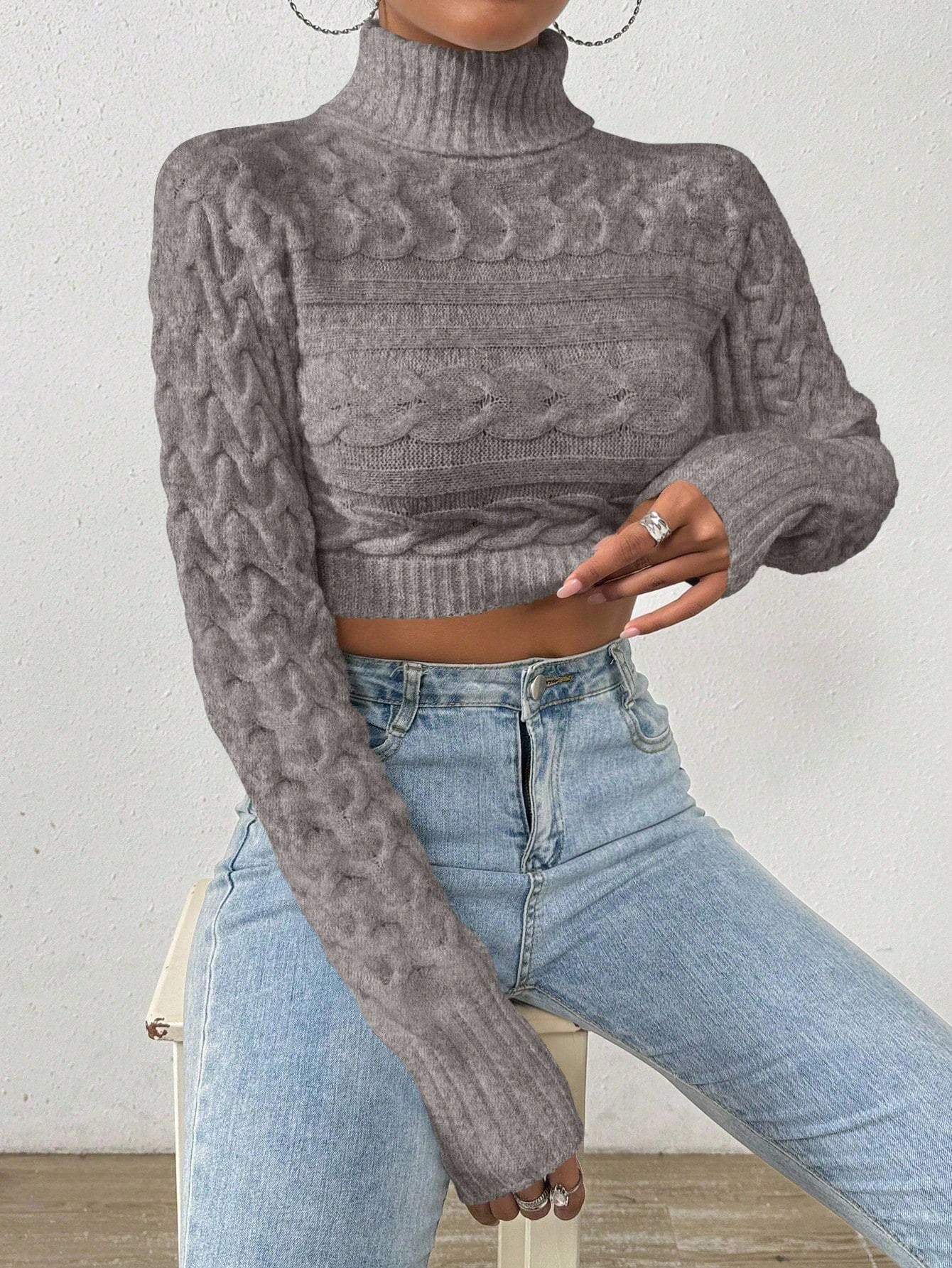Glyssa Suéter Cropped de Gola Alta Feminino, Blusas de Manga Longa Tricô Pulôver Outono Inverno