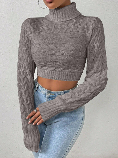 Glyssa Suéter Cropped de Gola Alta Feminino, Blusas de Manga Longa Tricô Pulôver Outono Inverno
