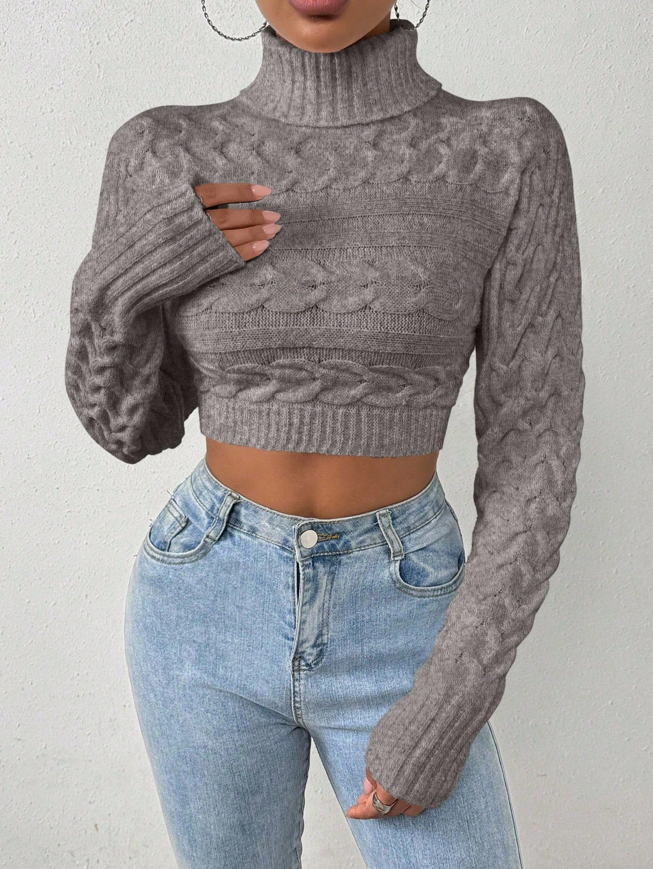 Glyssa Suéter Cropped de Gola Alta Feminino, Blusas de Manga Longa Tricô Pulôver Outono Inverno