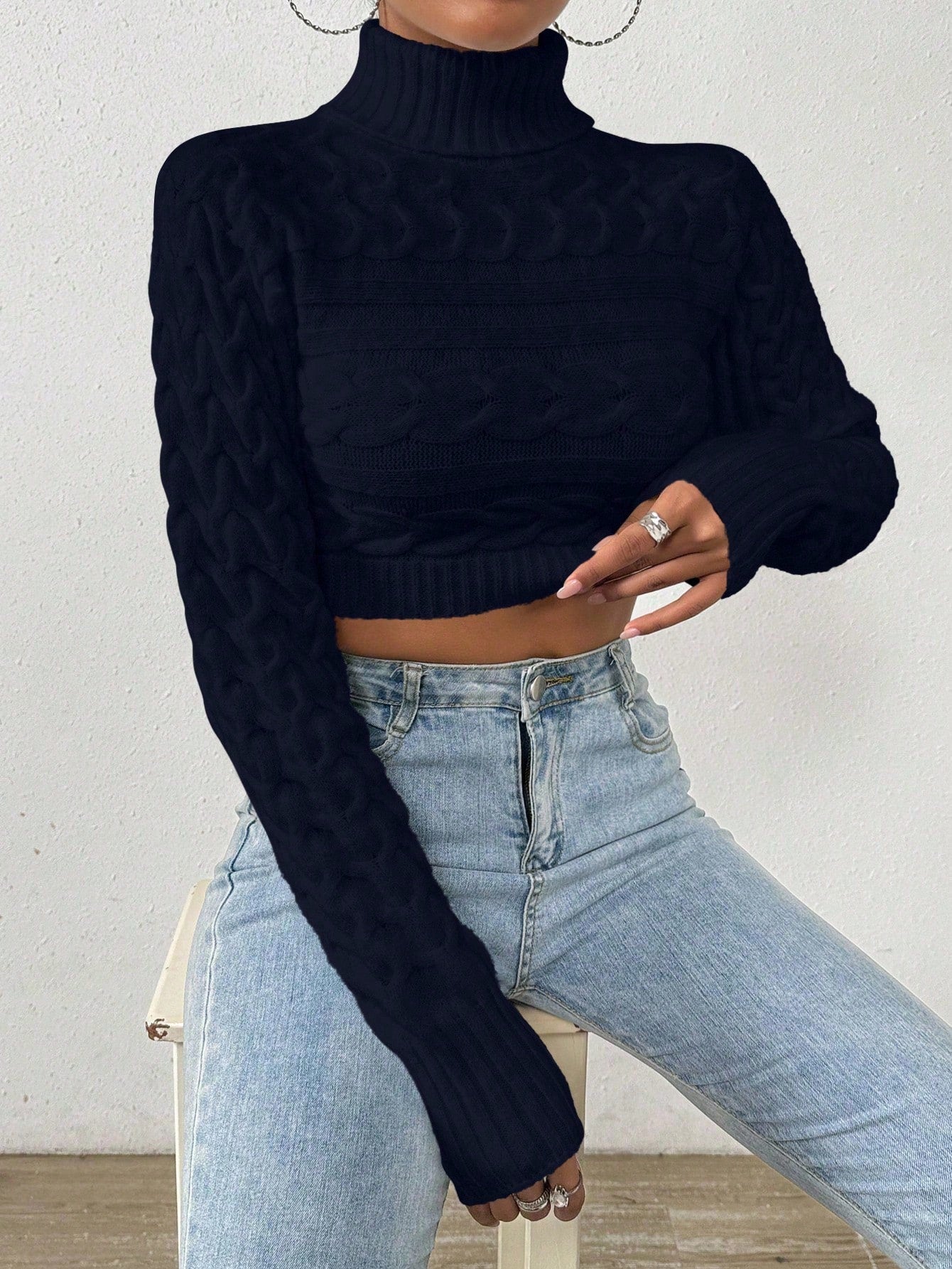 Glyssa Suéter Cropped de Gola Alta Feminino, Blusas de Manga Longa Tricô Pulôver Outono Inverno