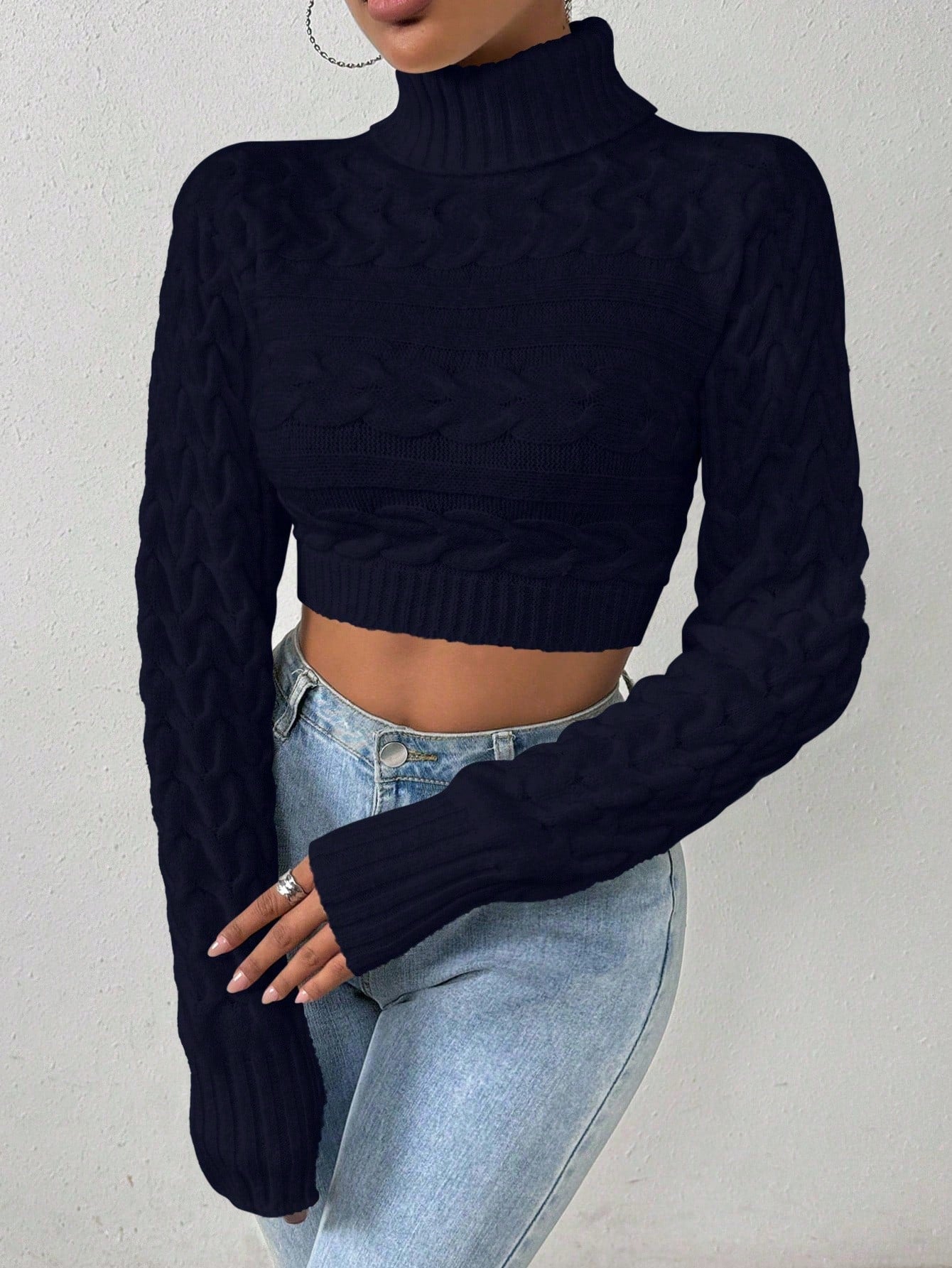 Glyssa Suéter Cropped de Gola Alta Feminino, Blusas de Manga Longa Tricô Pulôver Outono Inverno