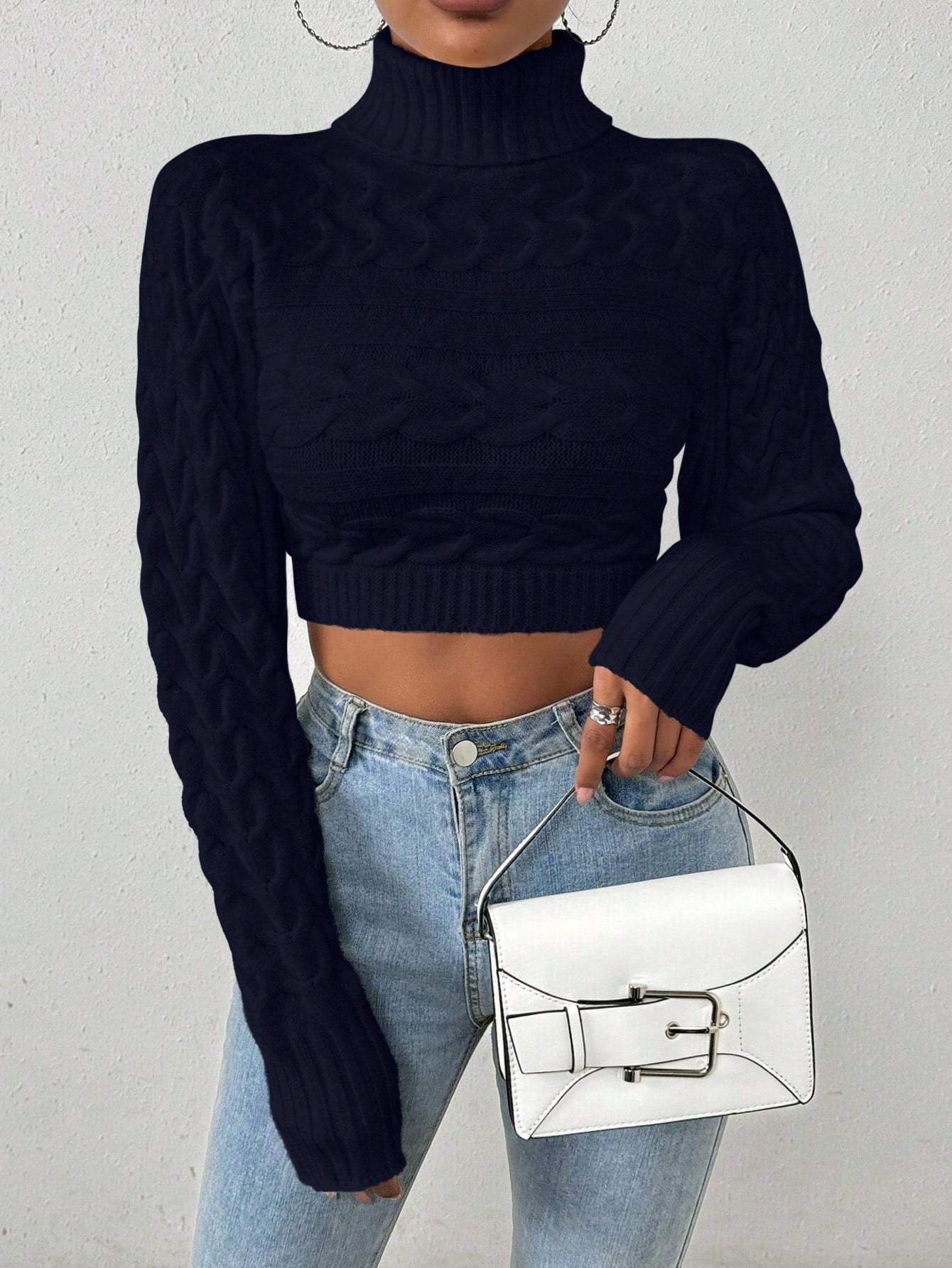 Glyssa Suéter Cropped de Gola Alta Feminino, Blusas de Manga Longa Tricô Pulôver Outono Inverno