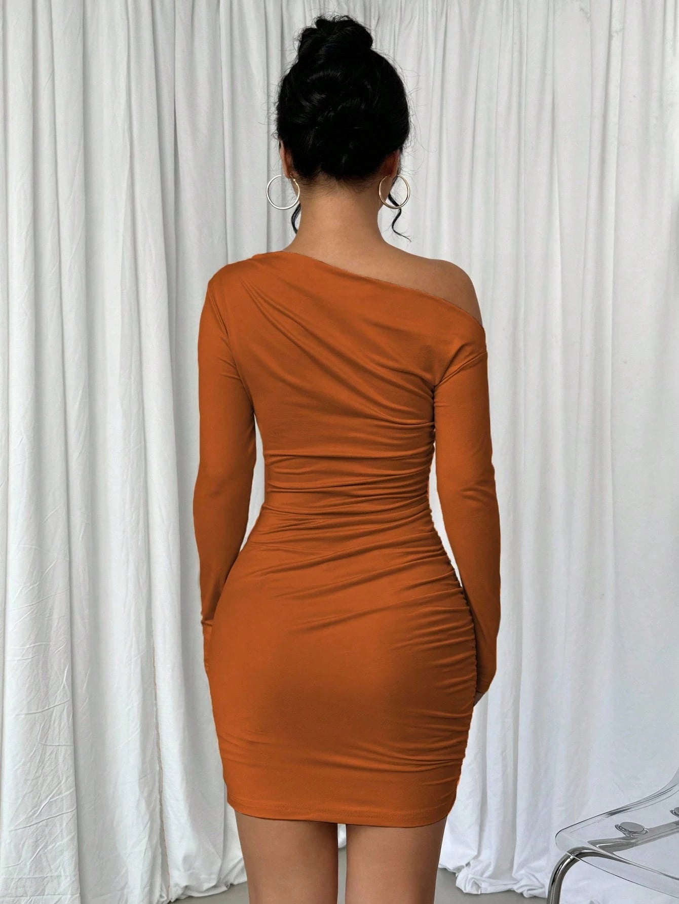 Elenzga Vestido Longo de Manga Longa Assimétrico Franzido de Cor Sólida para Mulheres