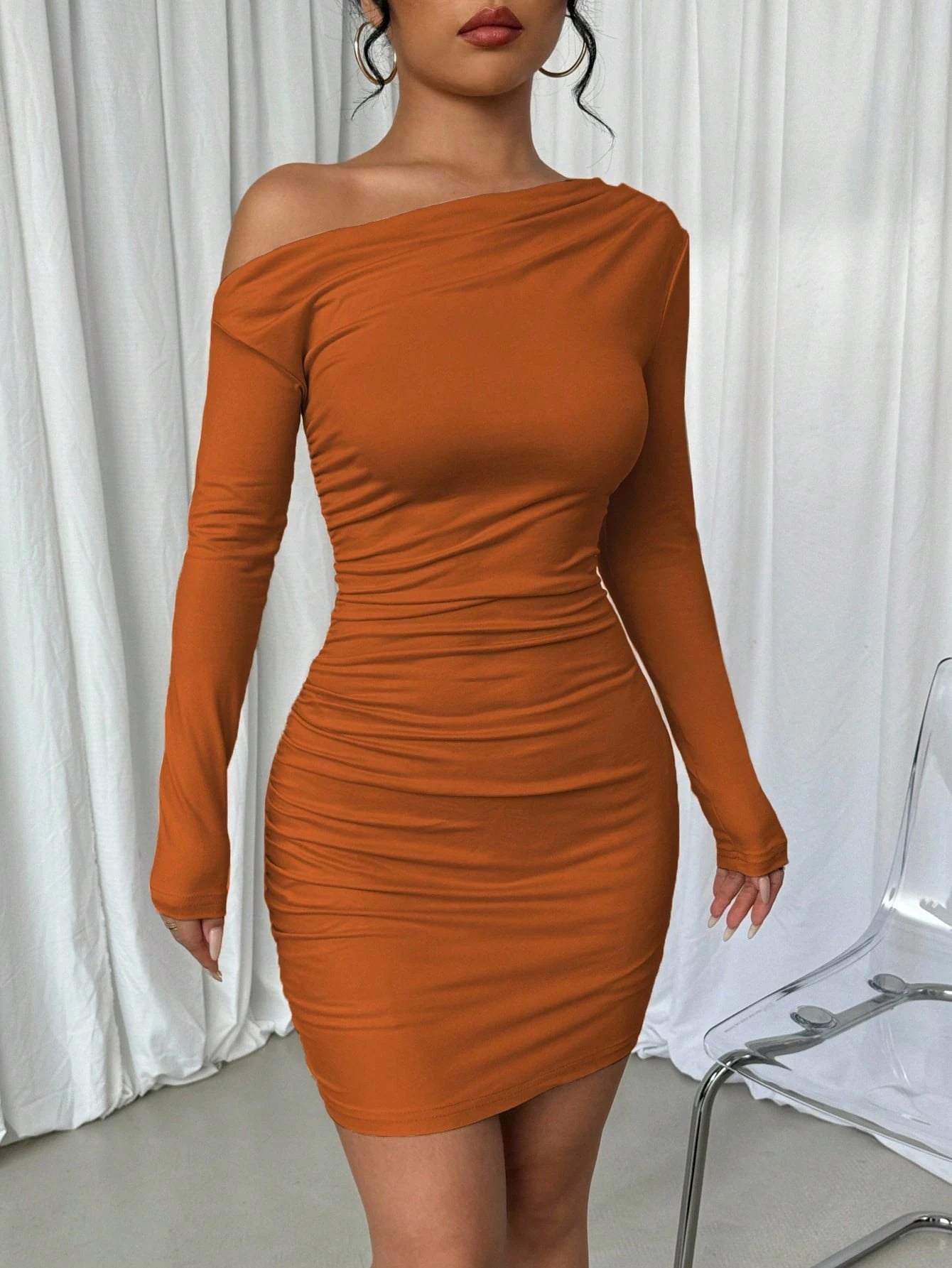 Elenzga Vestido Longo de Manga Longa Assimétrico Franzido de Cor Sólida para Mulheres
