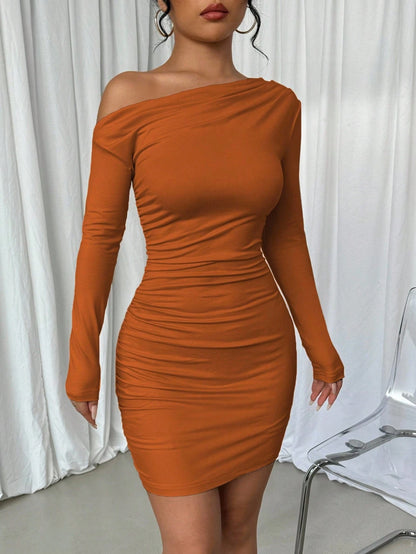 Elenzga Vestido Longo de Manga Longa Assimétrico Franzido de Cor Sólida para Mulheres