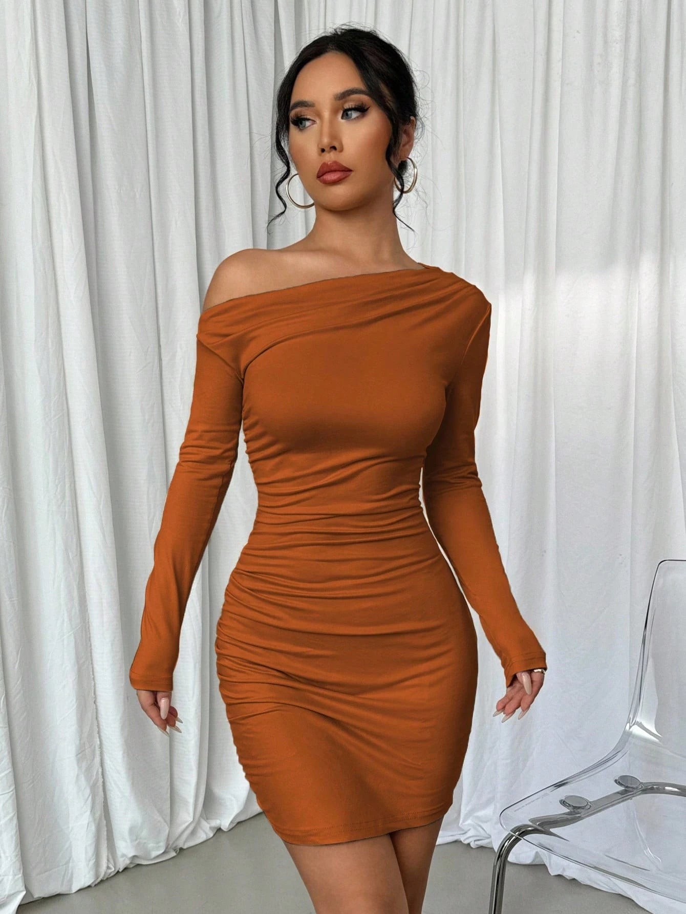 Elenzga Vestido Longo de Manga Longa Assimétrico Franzido de Cor Sólida para Mulheres
