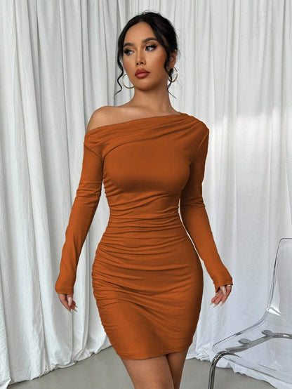 Elenzga Vestido Longo de Manga Longa Assimétrico Franzido de Cor Sólida para Mulheres