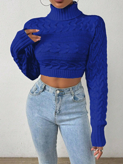 Glyssa Suéter Cropped de Gola Alta Feminino, Blusas de Manga Longa Tricô Pulôver Outono Inverno