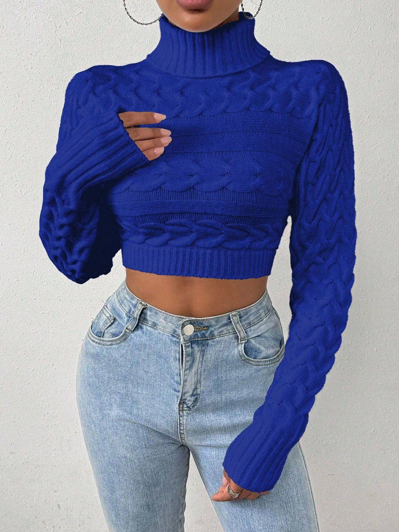 Glyssa Suéter Cropped de Gola Alta Feminino, Blusas de Manga Longa Tricô Pulôver Outono Inverno