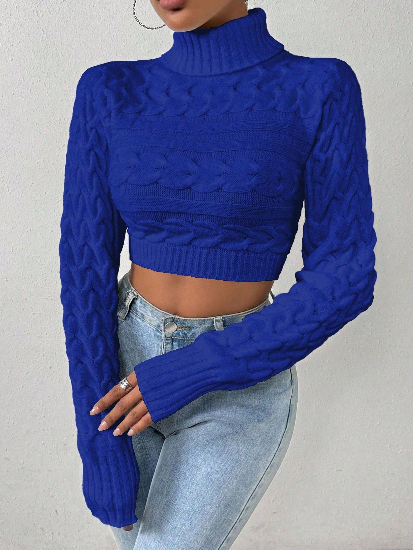 Glyssa Suéter Cropped de Gola Alta Feminino, Blusas de Manga Longa Tricô Pulôver Outono Inverno