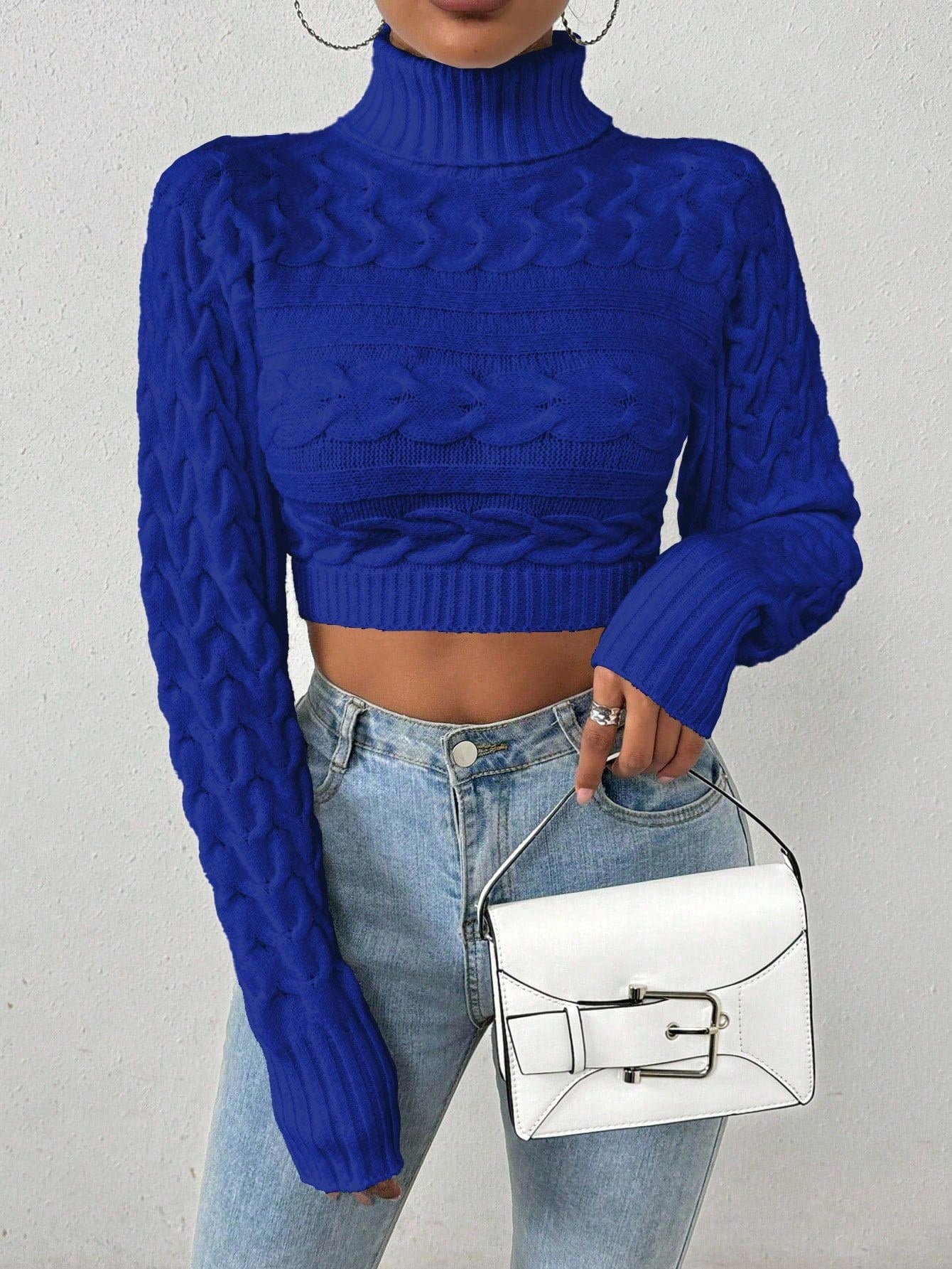 Glyssa Suéter Cropped de Gola Alta Feminino, Blusas de Manga Longa Tricô Pulôver Outono Inverno