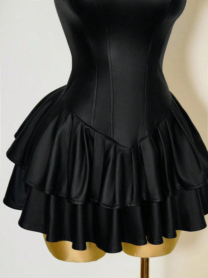 Mistrie Vestido Assimétrico Preto Sexy de Mulher, Corpete com Copo de PU, Cintura Marcada, Babado na Barra