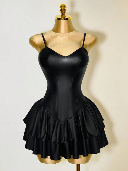 Mistrie Vestido Assimétrico Preto Sexy de Mulher, Corpete com Copo de PU, Cintura Marcada, Babado na Barra