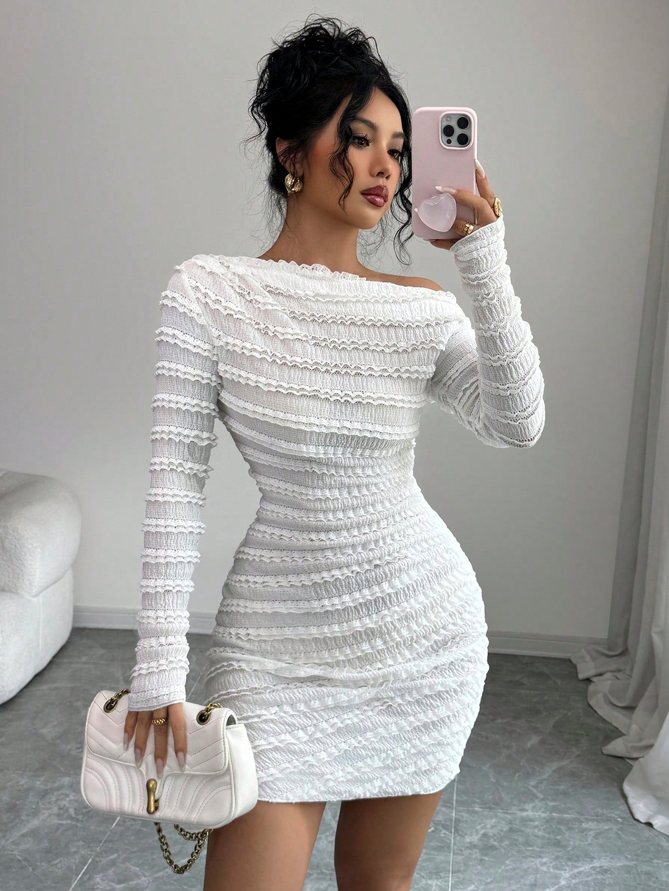 Elenzga Vestido Longo de Manga Longa Assimétrico Franzido de Cor Sólida para Mulheres