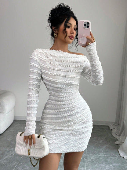 Elenzga Vestido Longo de Manga Longa Assimétrico Franzido de Cor Sólida para Mulheres
