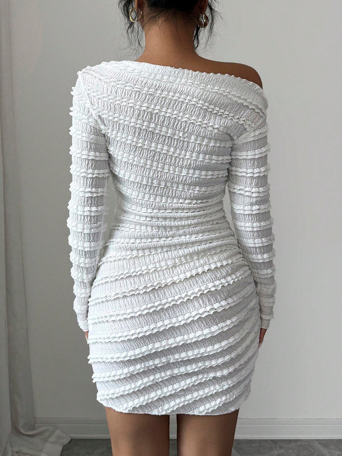 Elenzga Vestido Longo de Manga Longa Assimétrico Franzido de Cor Sólida para Mulheres