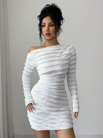 Elenzga Vestido Longo de Manga Longa Assimétrico Franzido de Cor Sólida para Mulheres
