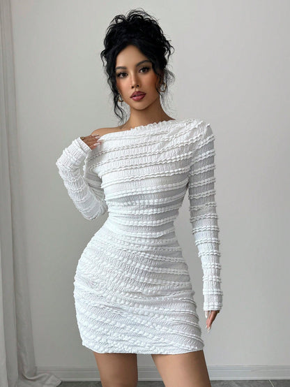 Elenzga Vestido Longo de Manga Longa Assimétrico Franzido de Cor Sólida para Mulheres