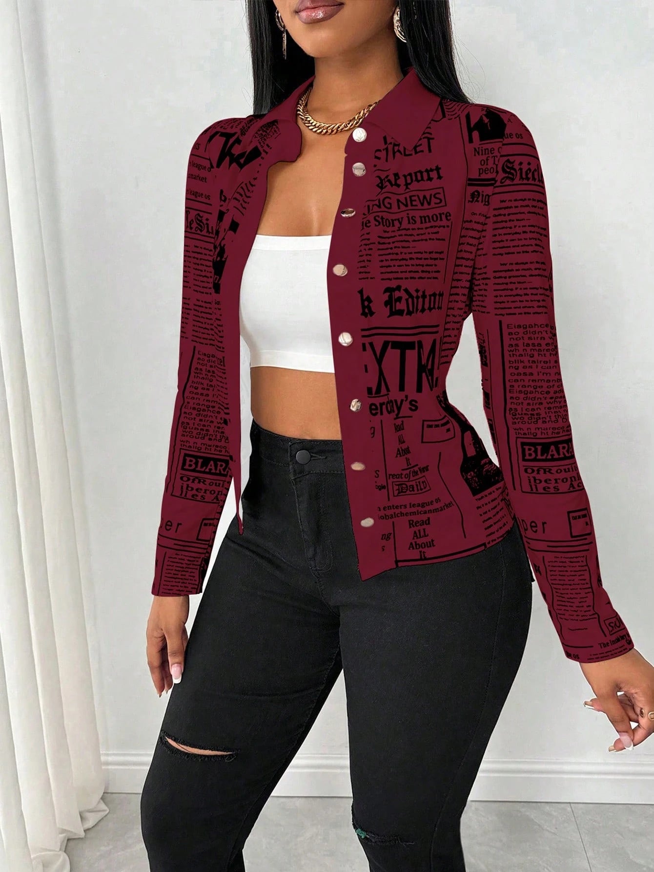 SHEIN LUNE Camisa Ajustada Estampada com Impressão de Jornal para Mulheres
