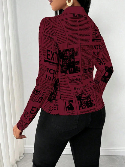 SHEIN LUNE Camisa Ajustada Estampada com Impressão de Jornal para Mulheres