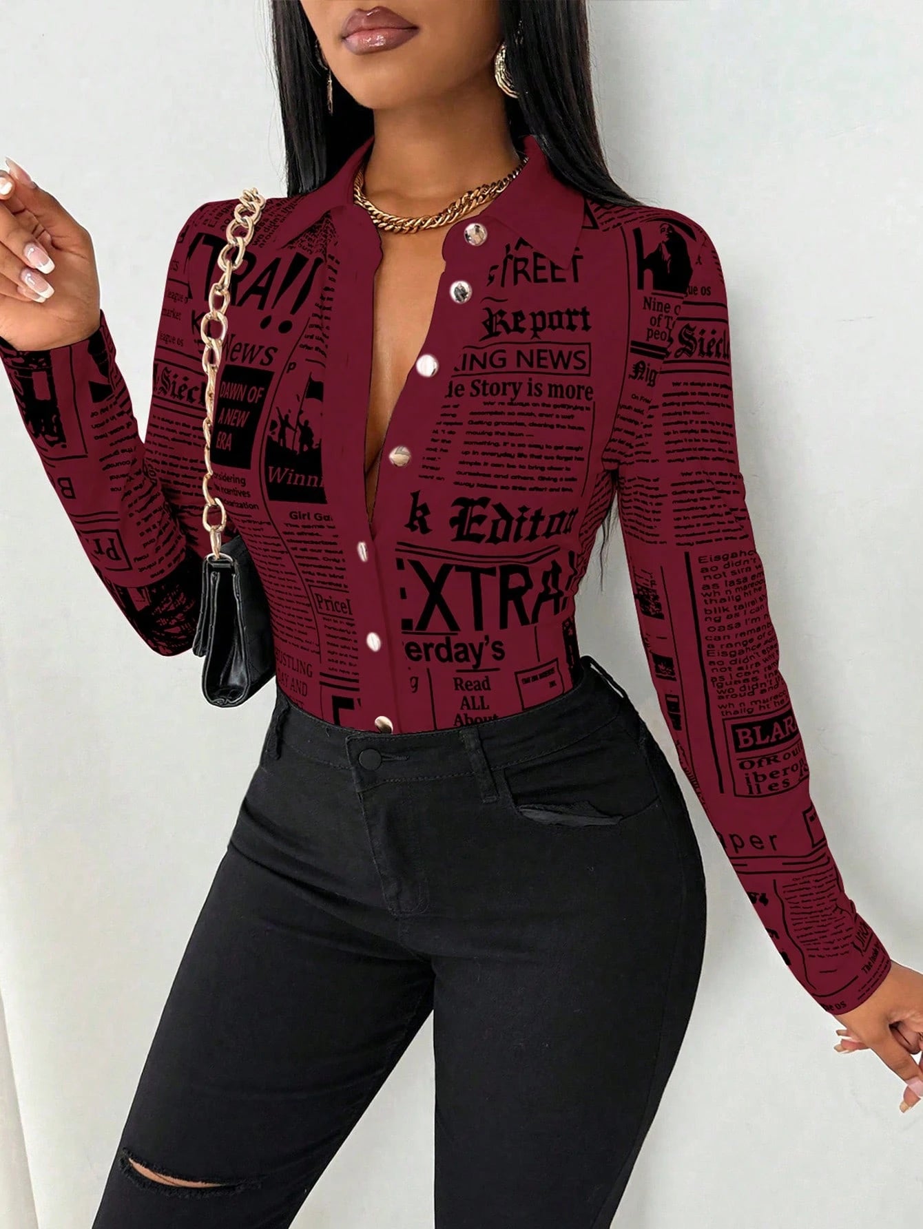 SHEIN LUNE Camisa Ajustada Estampada com Impressão de Jornal para Mulheres
