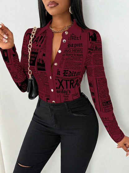 SHEIN LUNE Camisa Ajustada Estampada com Impressão de Jornal para Mulheres