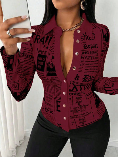 SHEIN LUNE Camisa Ajustada Estampada com Impressão de Jornal para Mulheres