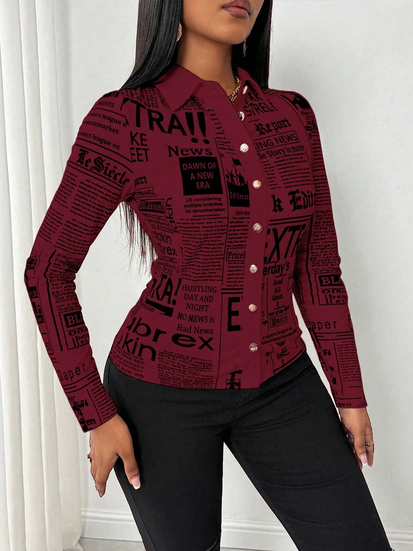 SHEIN LUNE Camisa Ajustada Estampada com Impressão de Jornal para Mulheres