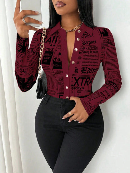 SHEIN LUNE Camisa Ajustada Estampada com Impressão de Jornal para Mulheres