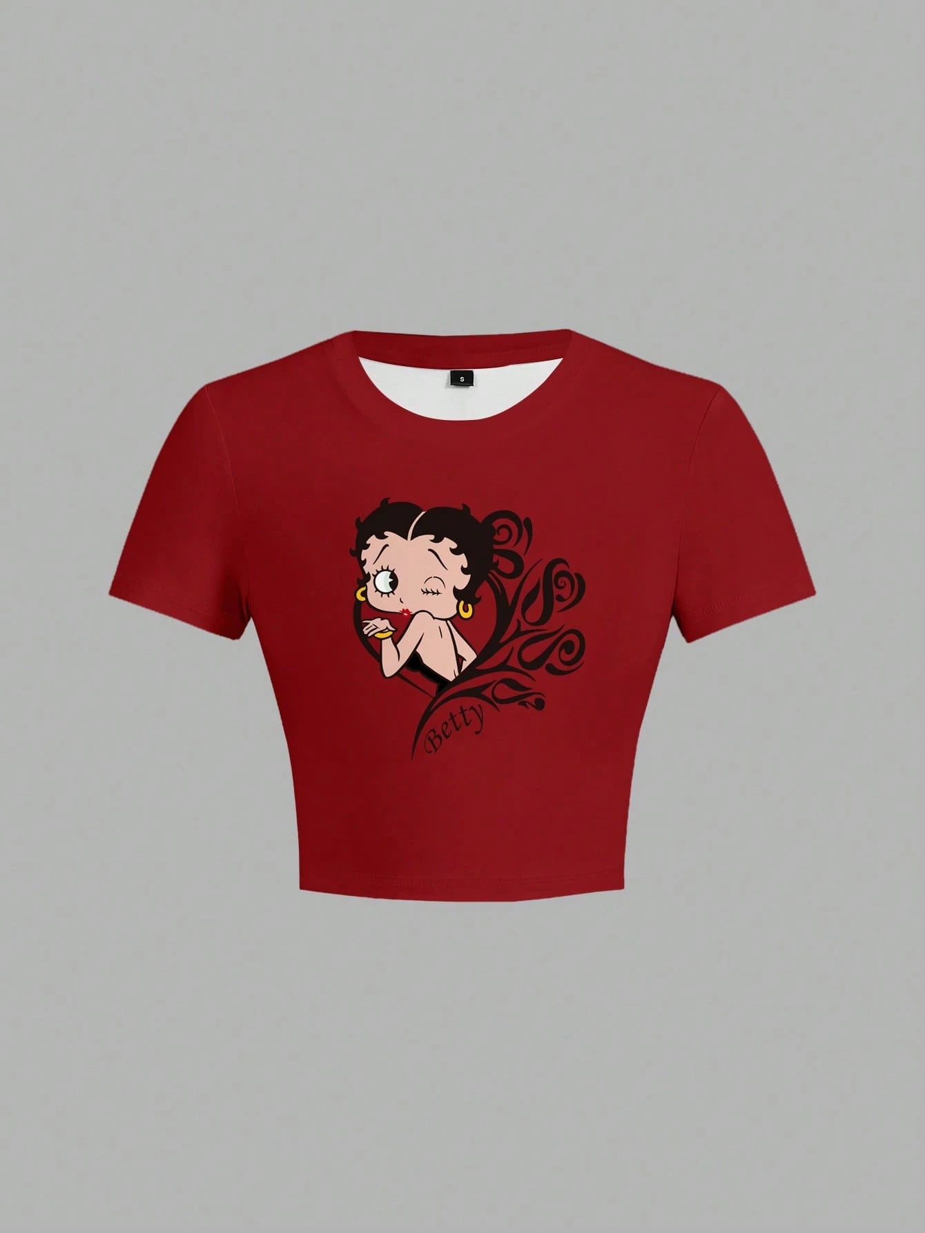 Betty Boop Camiseta de Manga Curta com Estampa de Personagem de Desenho Animado, Floral e Letra, Casual para o Dia a Dia e Transporte, Verão