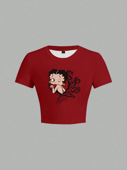Betty Boop Camiseta de Manga Curta com Estampa de Personagem de Desenho Animado, Floral e Letra, Casual para o Dia a Dia e Transporte, Verão