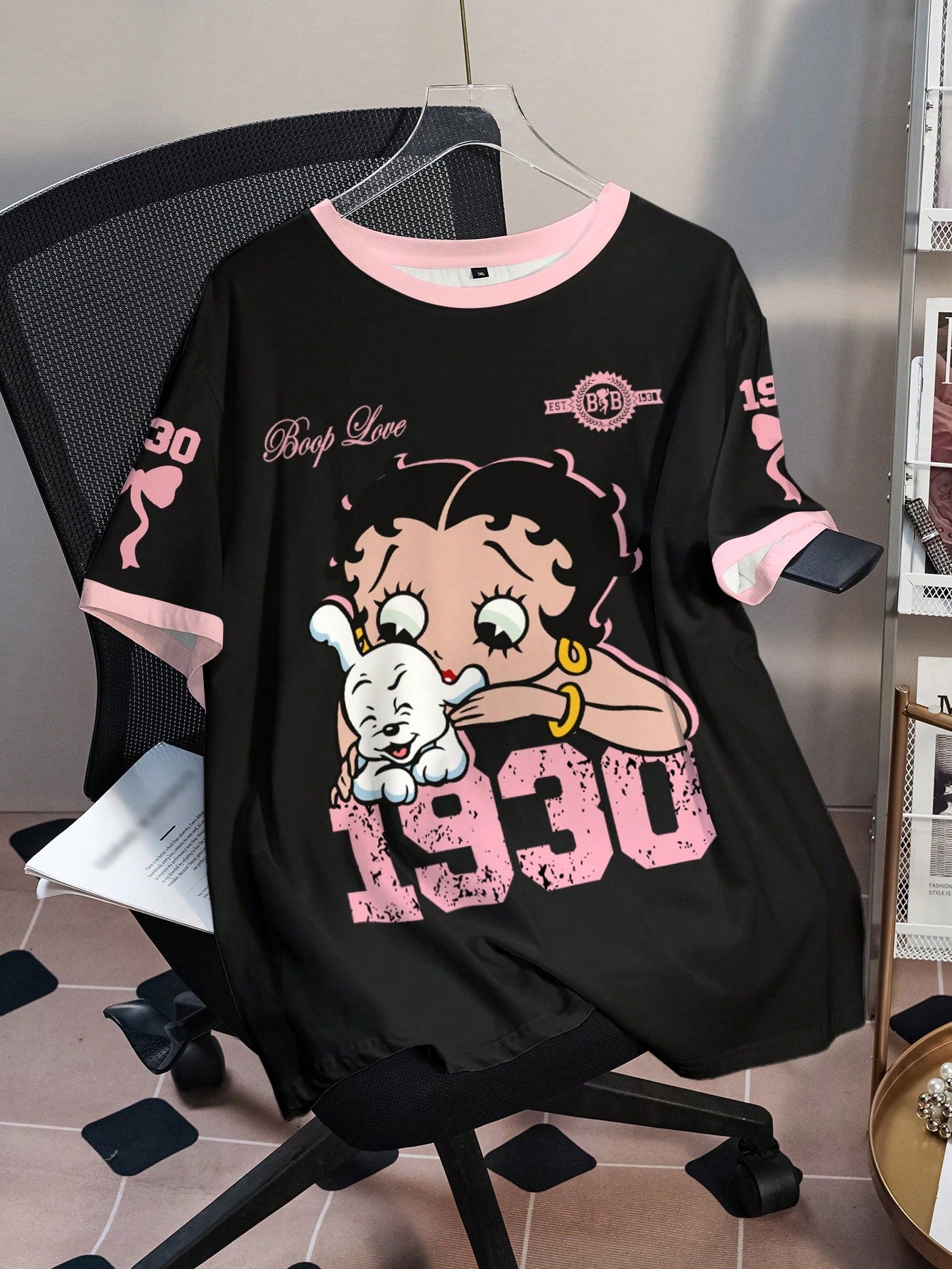 Betty Boop Camiseta Solta com Estampa de Personagem de Desenho Animado e Letra, Moda Casual Diária e de Rua para Mulheres Plus Size, Verão