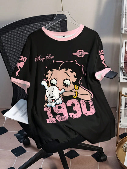Betty Boop Camiseta Solta com Estampa de Personagem de Desenho Animado e Letra, Moda Casual Diária e de Rua para Mulheres Plus Size, Verão