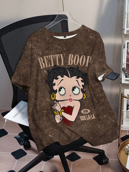 Betty Boop Camiseta Solta com Estampa de Personagem de Desenho Animado e Letra, Moda Casual Diária e de Rua para Mulheres Plus Size, Verão