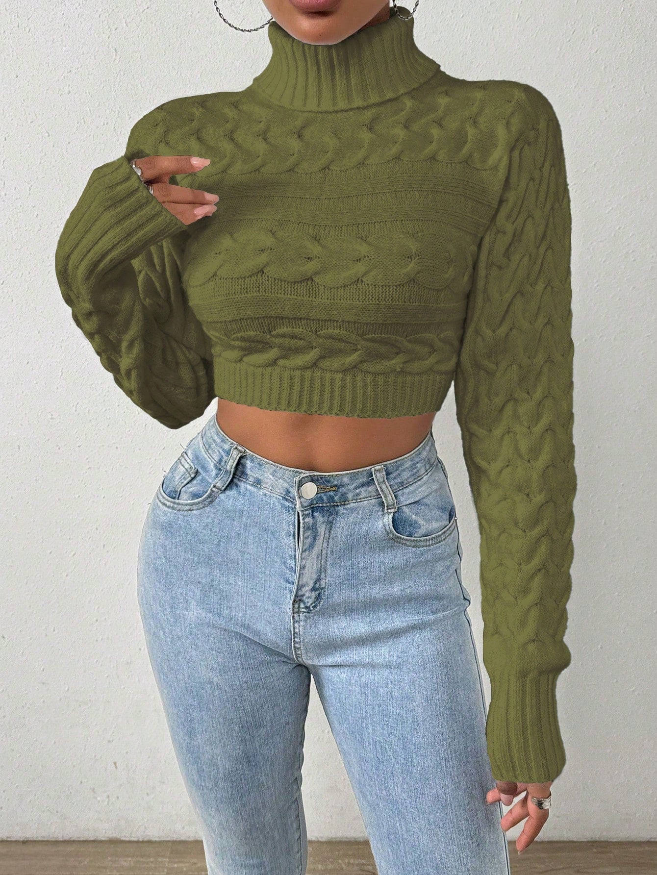 Glyssa Suéter Cropped de Gola Alta Feminino, Blusas de Manga Longa Tricô Pulôver Outono Inverno