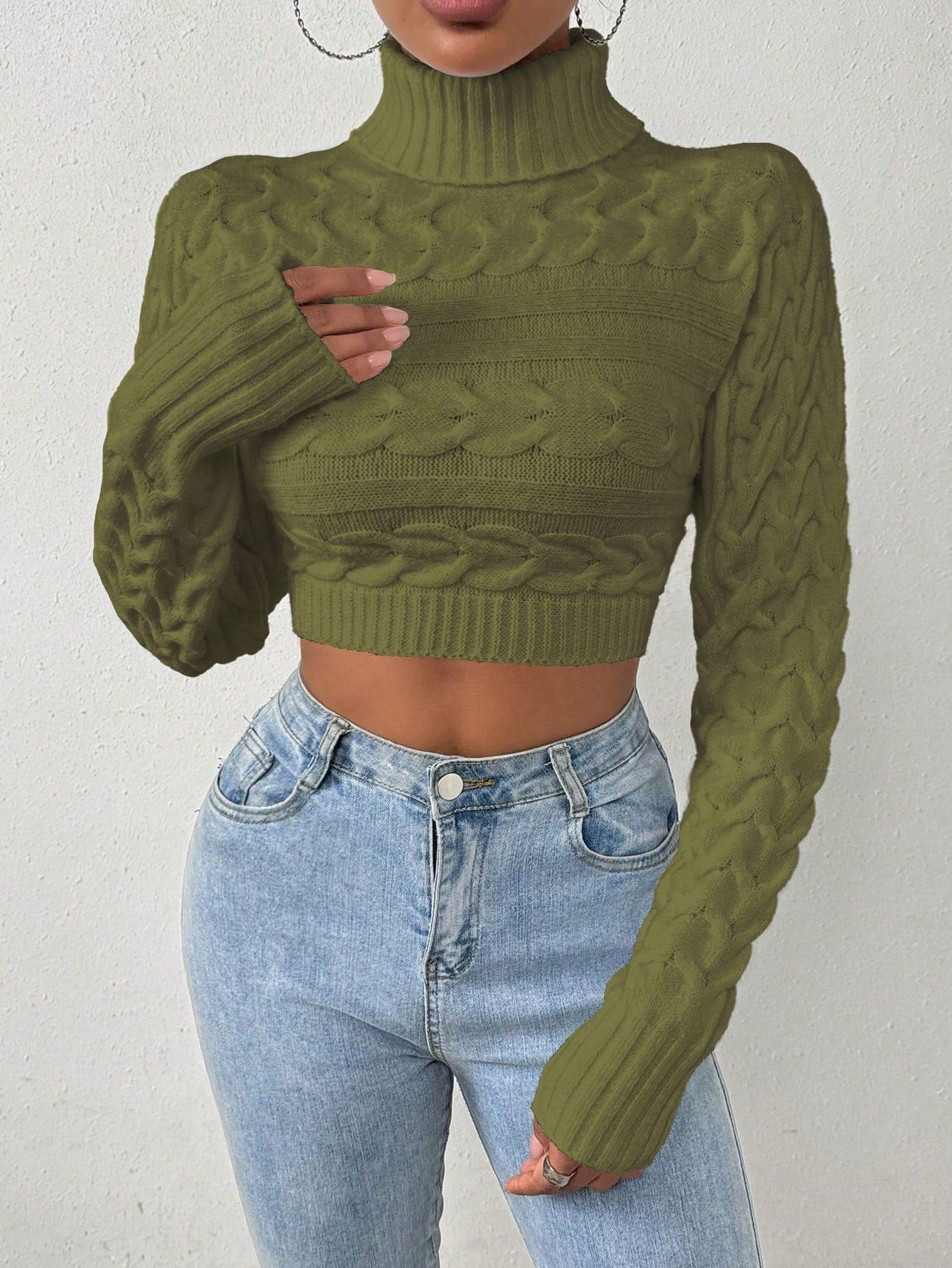 Glyssa Suéter Cropped de Gola Alta Feminino, Blusas de Manga Longa Tricô Pulôver Outono Inverno
