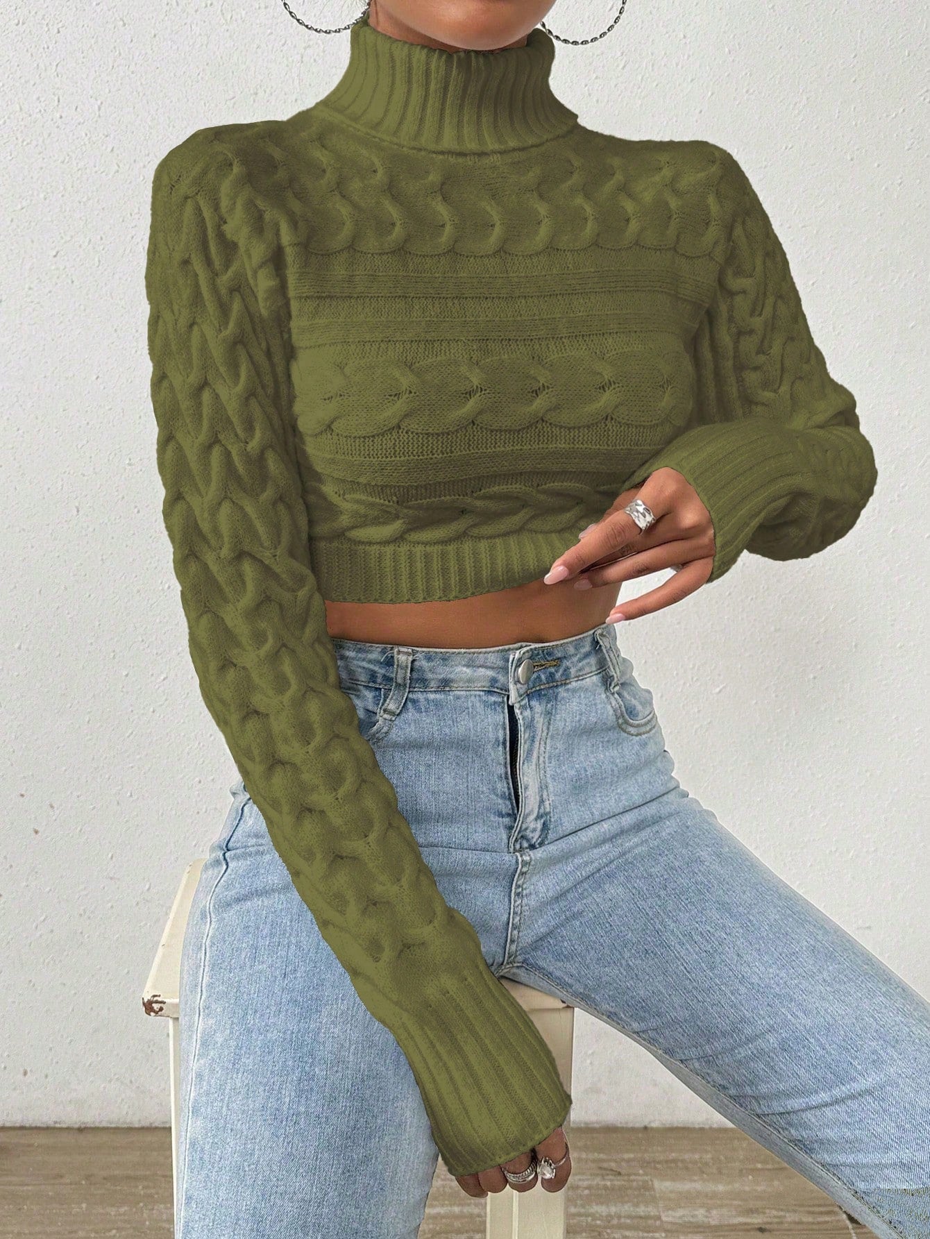 Glyssa Suéter Cropped de Gola Alta Feminino, Blusas de Manga Longa Tricô Pulôver Outono Inverno