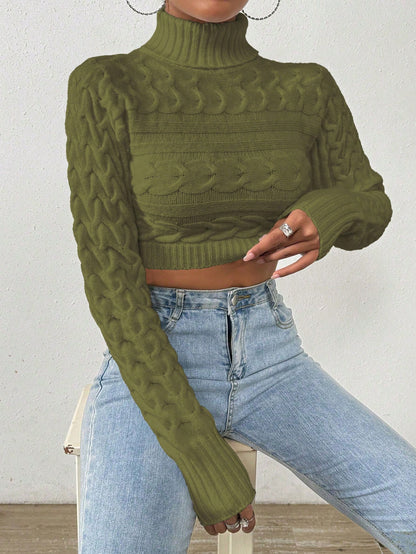 Glyssa Suéter Cropped de Gola Alta Feminino, Blusas de Manga Longa Tricô Pulôver Outono Inverno