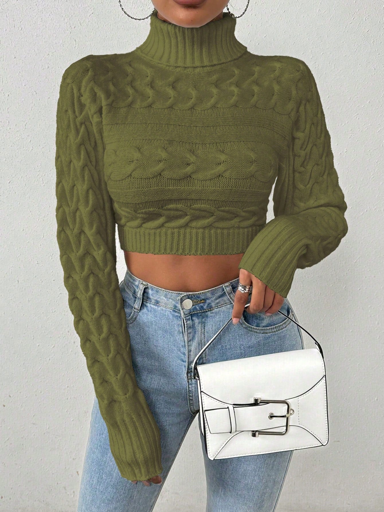 Glyssa Suéter Cropped de Gola Alta Feminino, Blusas de Manga Longa Tricô Pulôver Outono Inverno