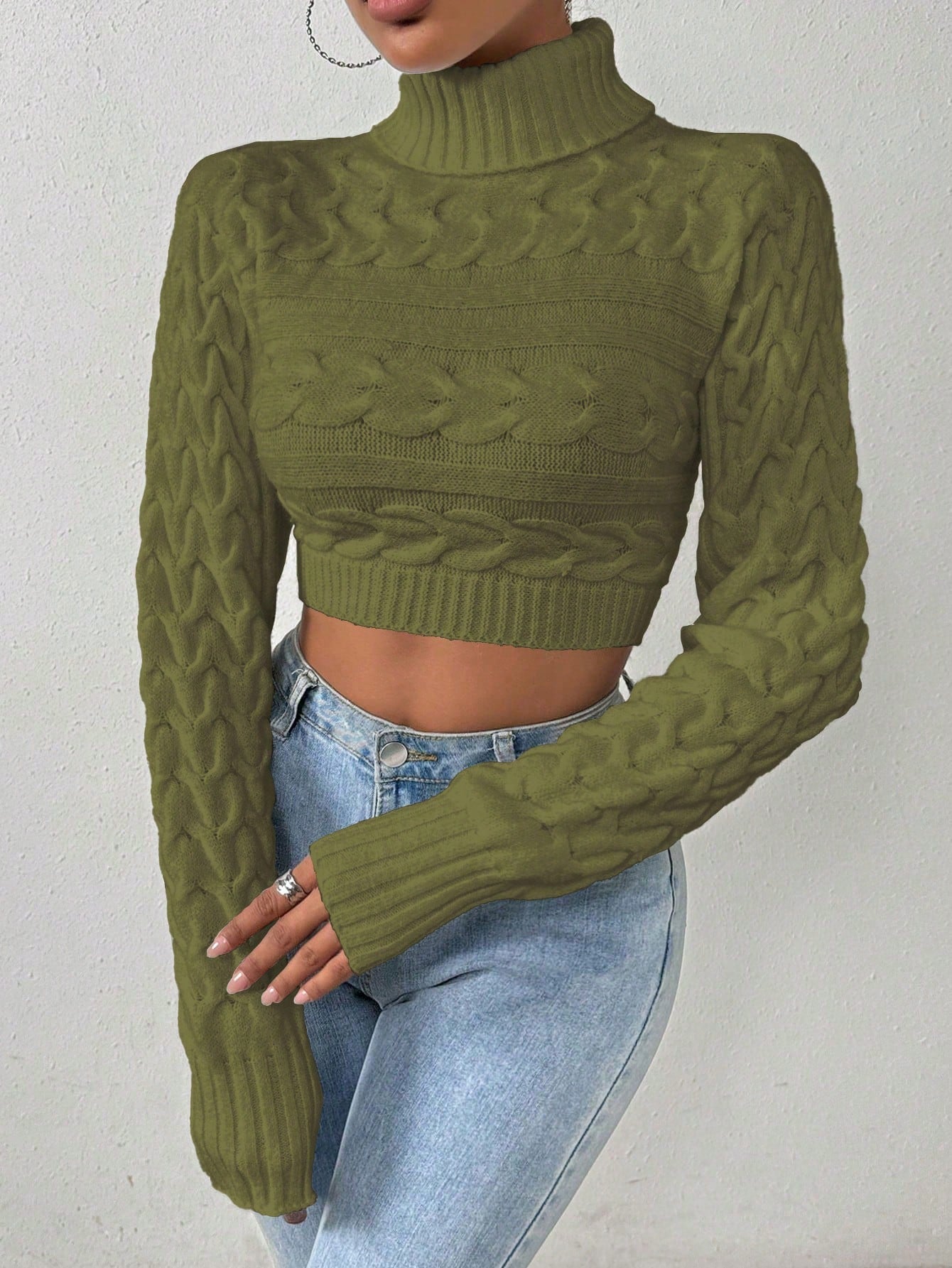 Glyssa Suéter Cropped de Gola Alta Feminino, Blusas de Manga Longa Tricô Pulôver Outono Inverno
