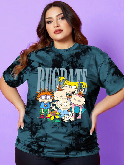 Betty Boop Camiseta Solta com Estampa de Personagem de Desenho Animado e Letra, Moda Casual Diária e de Rua para Mulheres Plus Size, Verão