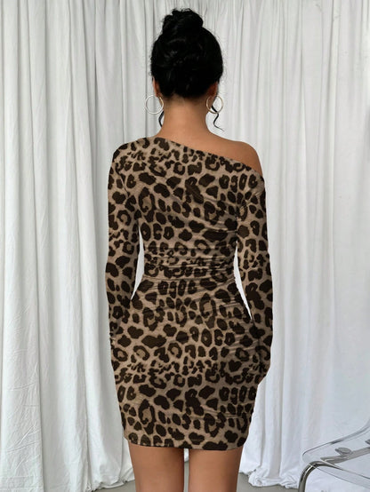 Elenzga Vestido Longo de Manga Longa Assimétrico Franzido de Cor Sólida para Mulheres