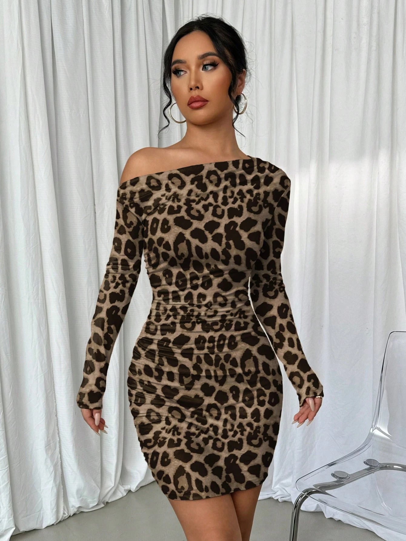 Elenzga Vestido Longo de Manga Longa Assimétrico Franzido de Cor Sólida para Mulheres