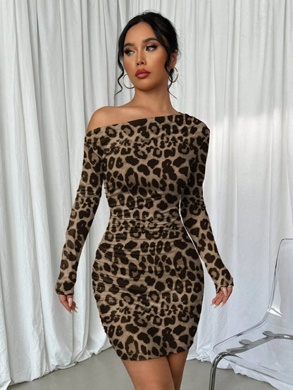 Elenzga Vestido Longo de Manga Longa Assimétrico Franzido de Cor Sólida para Mulheres
