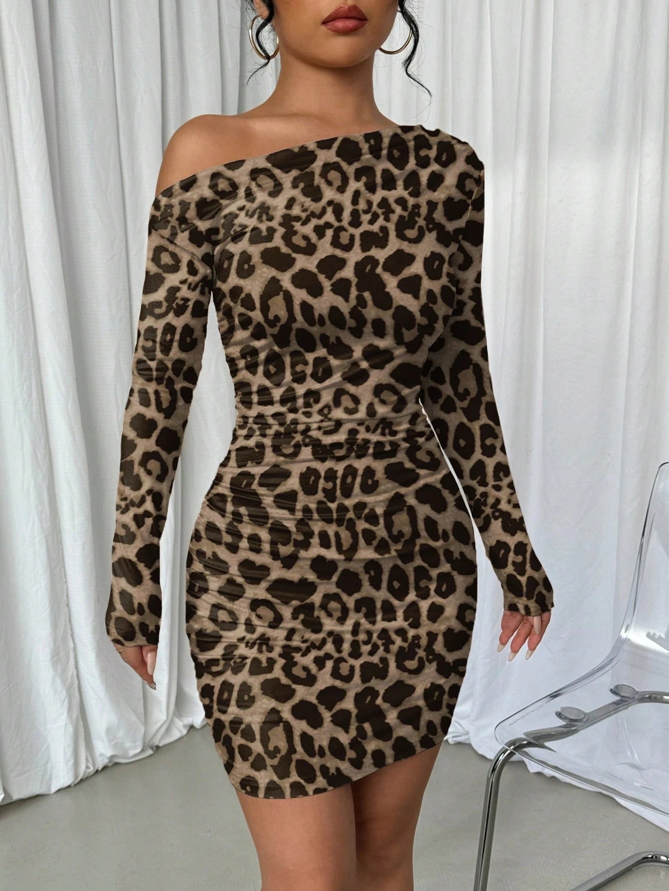 Elenzga Vestido Longo de Manga Longa Assimétrico Franzido de Cor Sólida para Mulheres