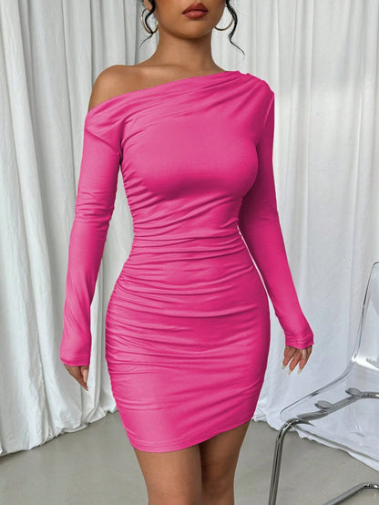 Elenzga Vestido Longo de Manga Longa Assimétrico Franzido de Cor Sólida para Mulheres