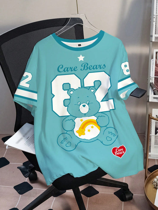 SHEIN X Care Bears Camiseta de Manga Curta com Gola Redonda, Estampa de Letra e Urso, Casual de Verão, Plus Size