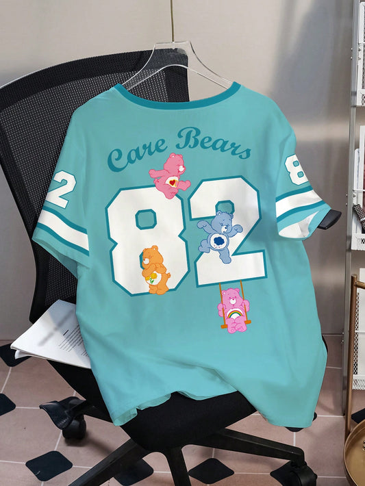 SHEIN X Care Bears Camiseta de Manga Curta com Gola Redonda, Estampa de Letra e Urso, Casual de Verão, Plus Size