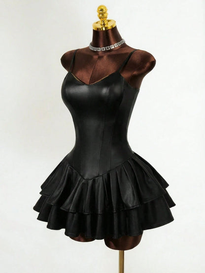 Mistrie Vestido Assimétrico Preto Sexy de Mulher, Corpete com Copo de PU, Cintura Marcada, Babado na Barra
